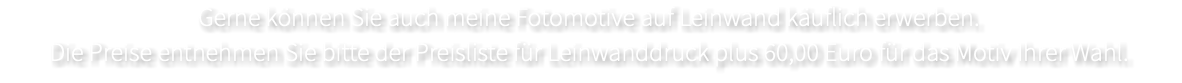 Gerne können Sie auch meine Fotomotive auf Leinwand käuflich erwerben. Die Preise entnehmen Sie bitte der Preisliste für Leinwanddruck plus 60,00 Euro für das Motiv Ihrer Wahl.